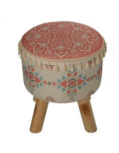 TABURETE MADERA TELA C/ BORDADOS Y FLECOS - Imagen 1